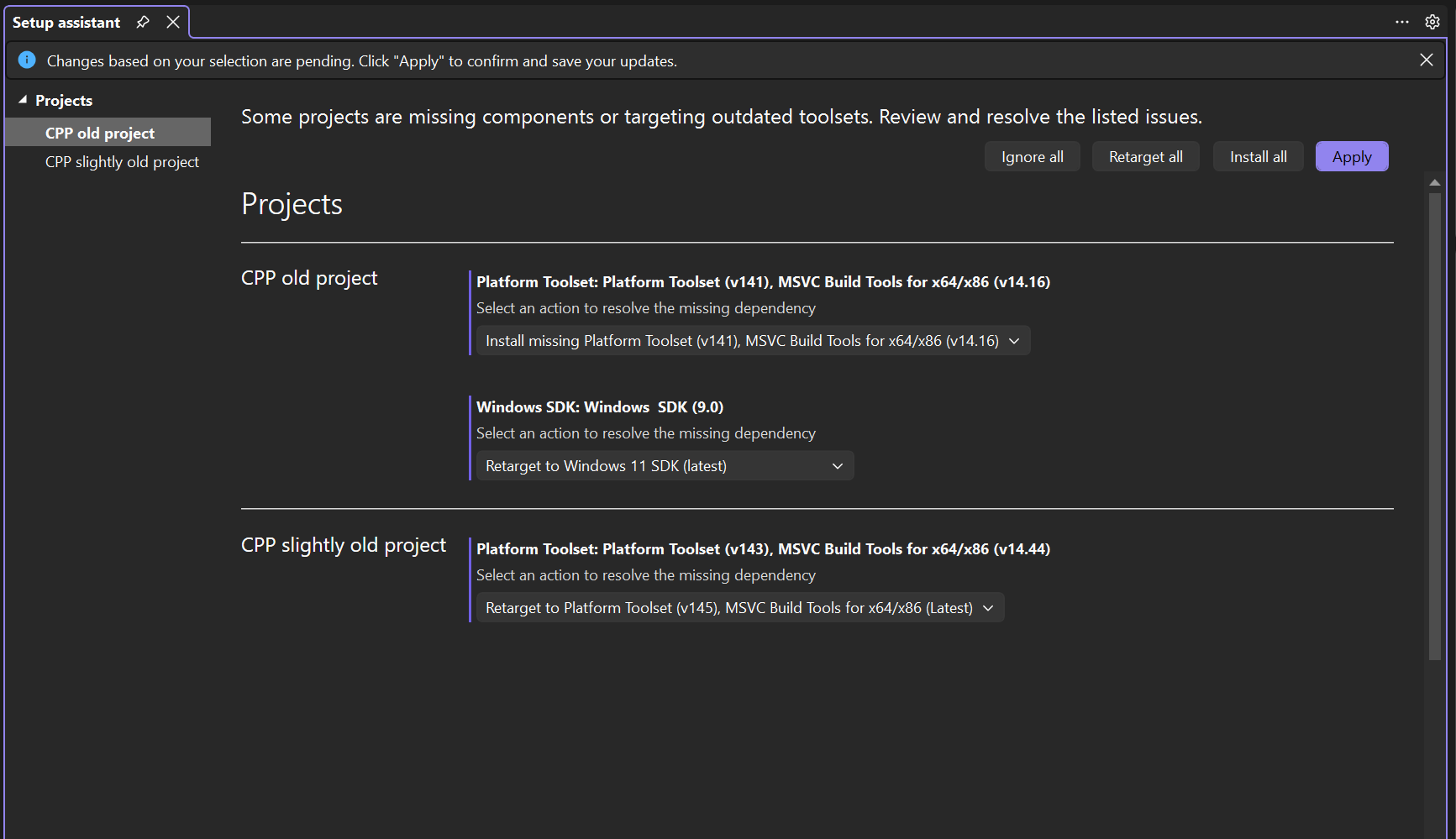 Capture d’écran de l’Assistant Configuration C++.