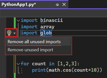 Capture d’écran montrant comment accéder aux options pour supprimer les importations inutilisées dans Visual Studio 2022.