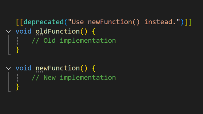 Capture d’écran montrant le code C++ avec l’attribut déprécié mis en évidence en couleur, illustrant la nouvelle fonctionnalité de mise en surbrillance de la syntaxe