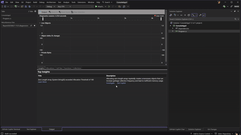 Démonstration vidéo montrant l'outil d'allocation .NET et révélant des perspectives sur les tableaux de longueur nulle, tandis que Copilot fournit des suggestions détaillées d'analyse et d'optimisation