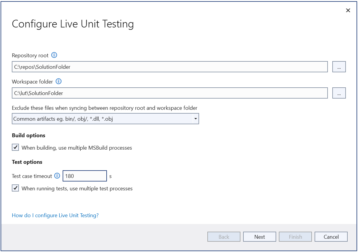 Capture d’écran montrant l’assistant de configuration Live Unit Testing page 1.