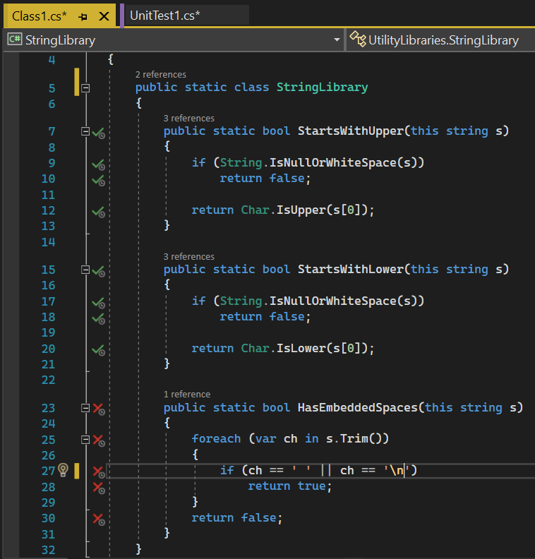 Capture d’écran montrant la couverture du code dans Visual Studio avec l’icône du minuteur.