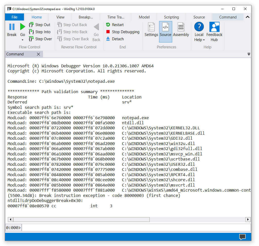 Capture d’écran de WinDbg avec le Bloc-notes ouvert.