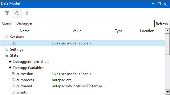 Capture d’écran de la fenêtre du modèle de données dans WinDbg avec des fonctionnalités extensibles et consultables.