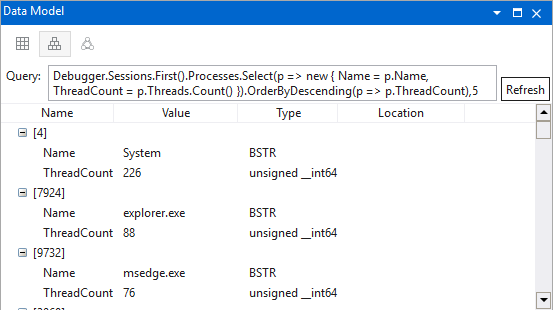 Capture d’écran de la fenêtre Modèle de données affichant les processus et les threads dans WinDbg.