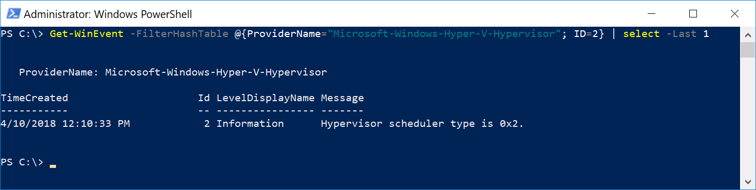 Capture d’écran d’une fenêtre PowerShell. Une commande interroge l’événement de lancement d’hyperviseur le plus récent avec l’ID 2. La sortie affiche le type de planificateur comme 0x2.