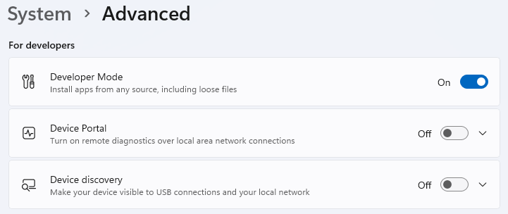Capture d’écran des paramètres Avancés windows pour les développeurs, montrant le mode développeur, le portail d’appareil et la découverte d’appareils.