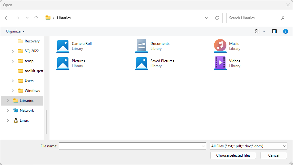 Capture d’écran d’un sélecteur de fichiers ouvert avec un filtre sélectionné pour afficher les fichiers .txt, .pdf, .doc et .docx.