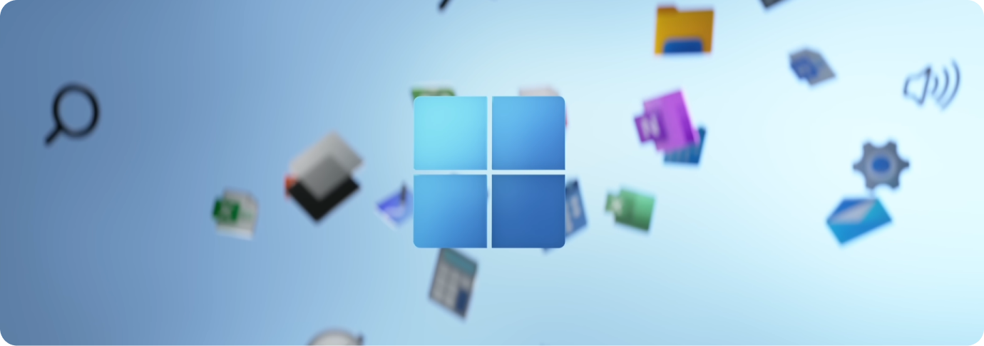 Logo Windows avec icônes d’application flottantes en arrière-plan
