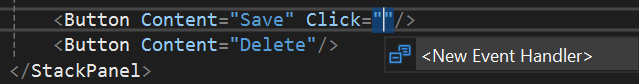 Capture d’écran de l’interface utilisateur complète automatique du nouveau gestionnaire d’événements Visual Studio dans l’éditeur XAML
