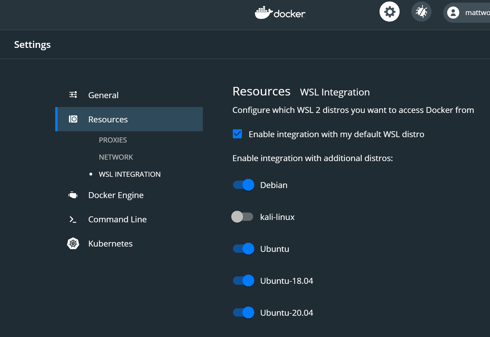 Capture d’écran du menu Docker Desktop WSL2