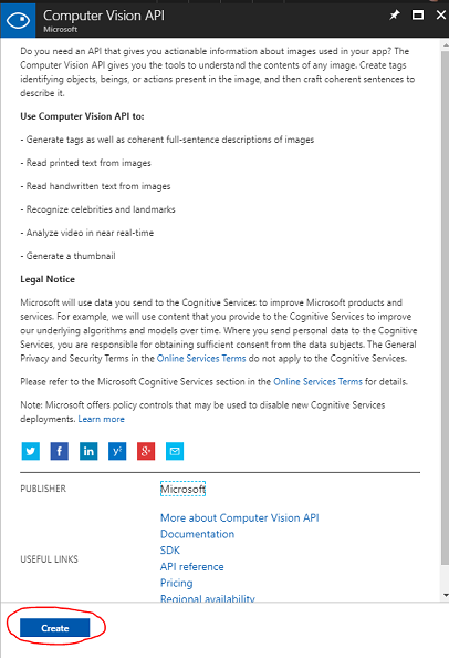 Capture d’écran montrant une description du service API Vision par ordinateur.