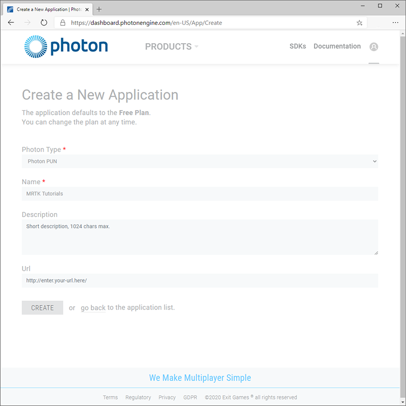 Page De création d’application Photon