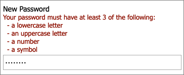 パスワードの複雑さのエクスペリエンスに関する UI のスクリーンショット。