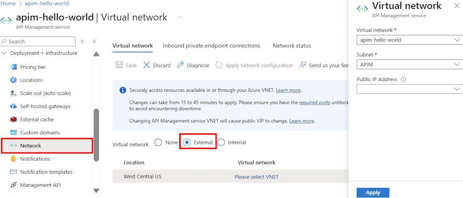ポータルでの仮想ネットワーク構成を示すスクリーンショット。