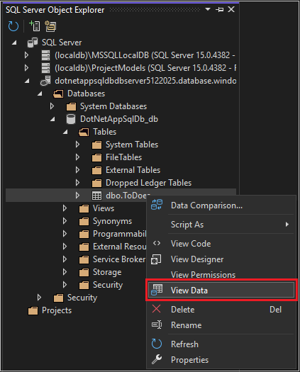 SQL Database オブジェクトの探索を示すスクリーンショット。