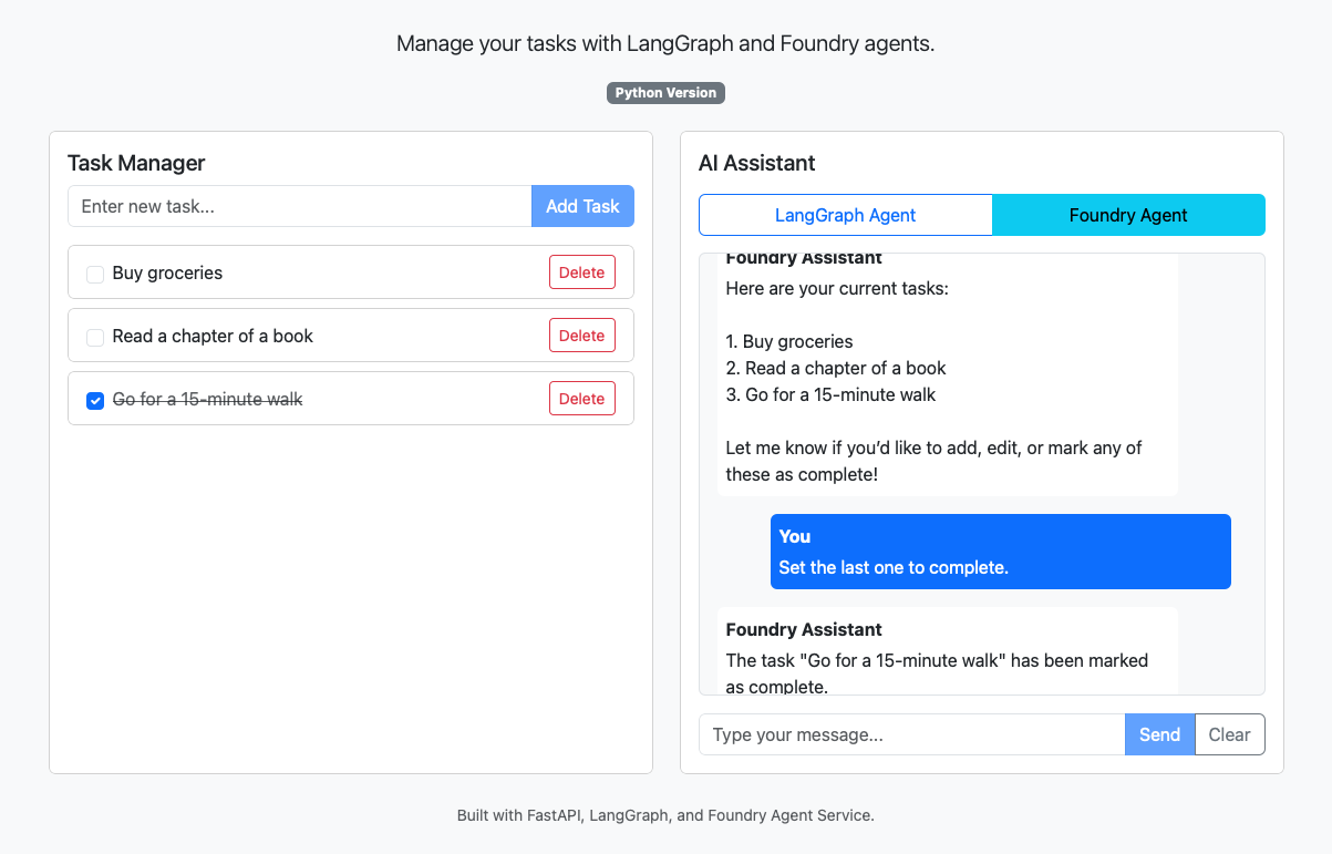 Microsoft Foundry エージェントとのチャット完了セッションのスクリーンショット。