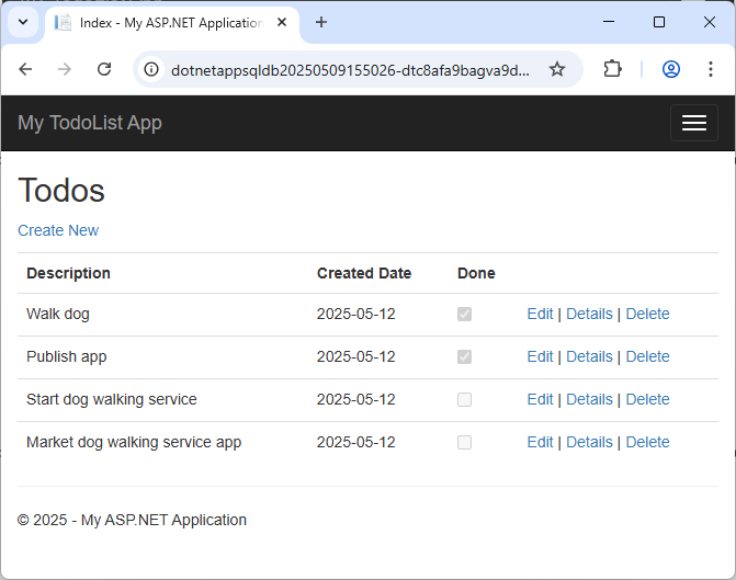 Code First Migration の後の Azure アプリを示すスクリーンショット。