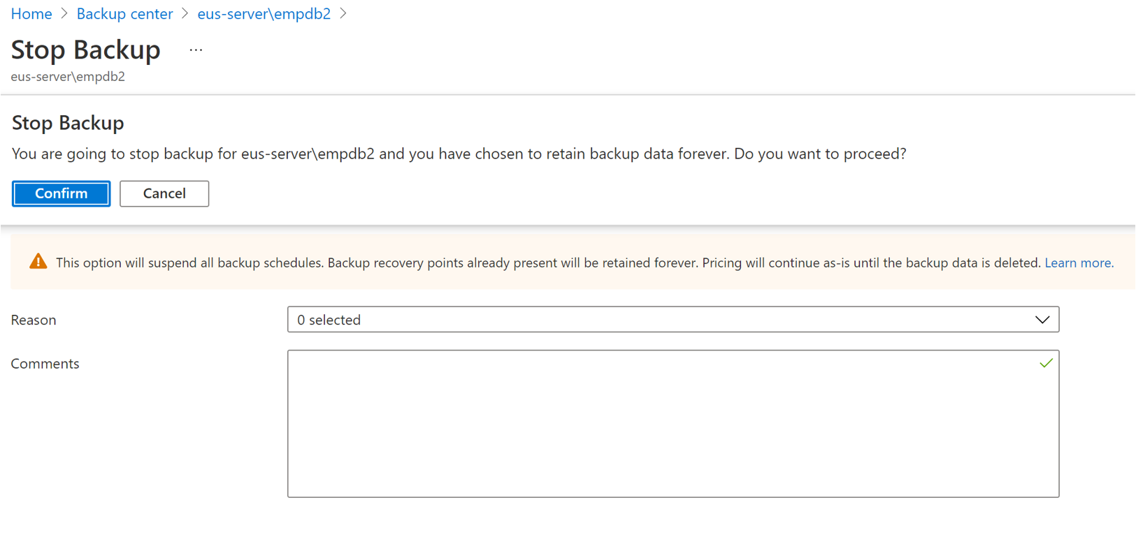 バックアップを停止する確認を示すスクリーンショット。