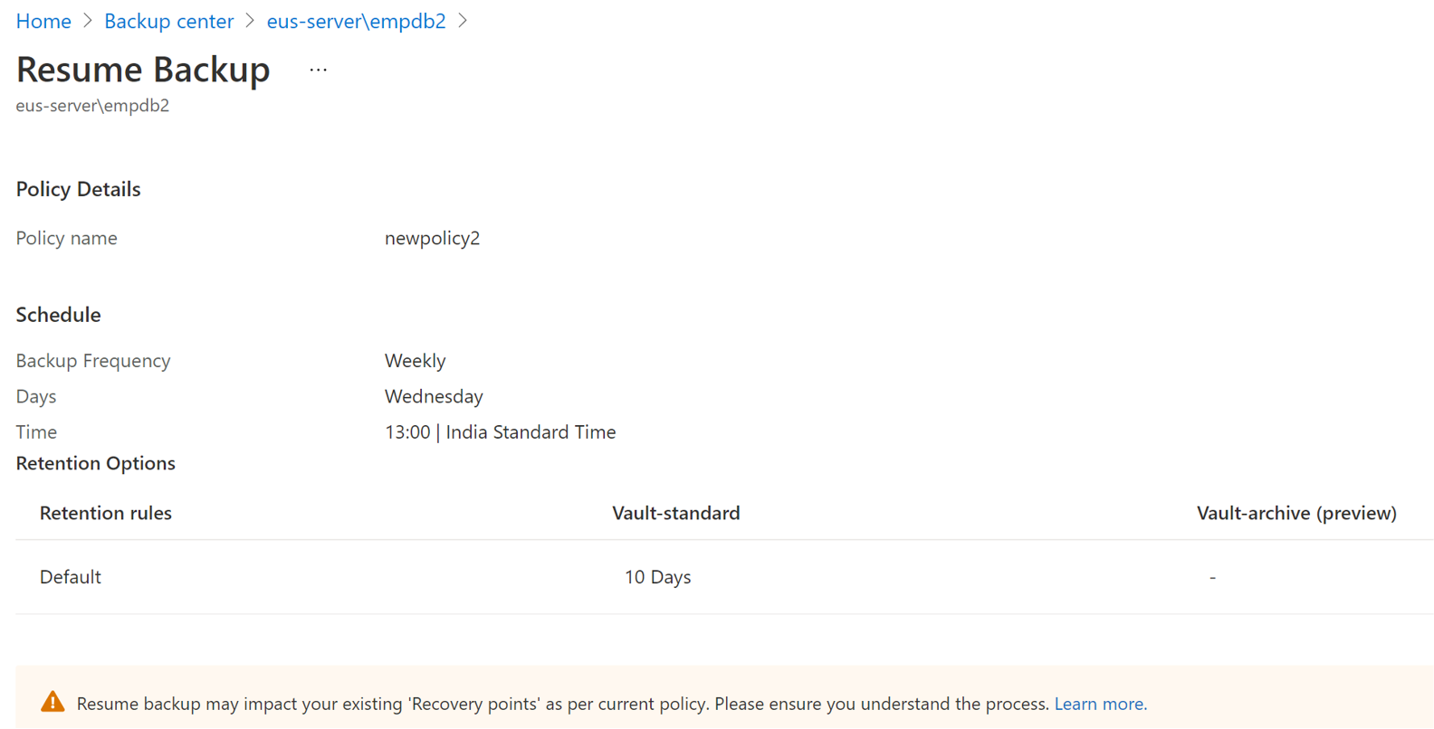 再開されたデータ バックアップの詳細を示すスクリーンショット。