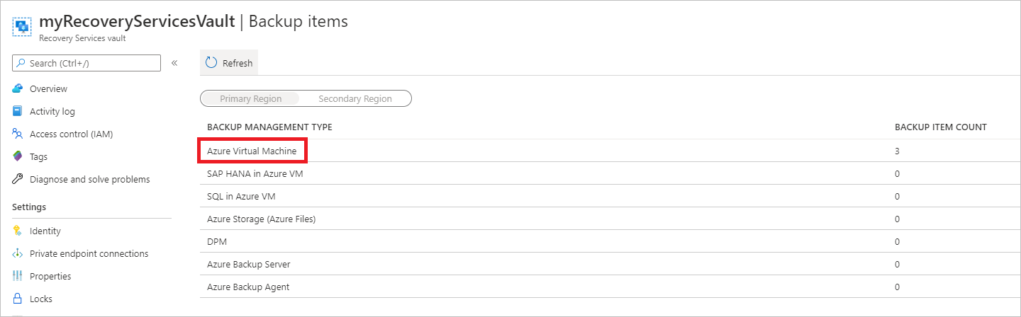 バックアップ管理の種類の一覧を示すスクリーンショット。