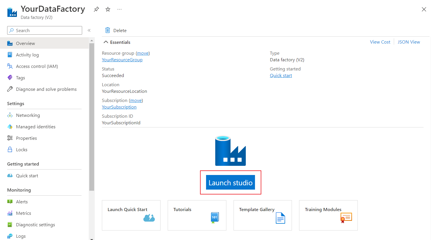 新しく作成されたデータ ファクトリの詳細を示す Azure portal のスクリーンショット。Azure Data Factory Studio を開くボタンが強調表示されています。