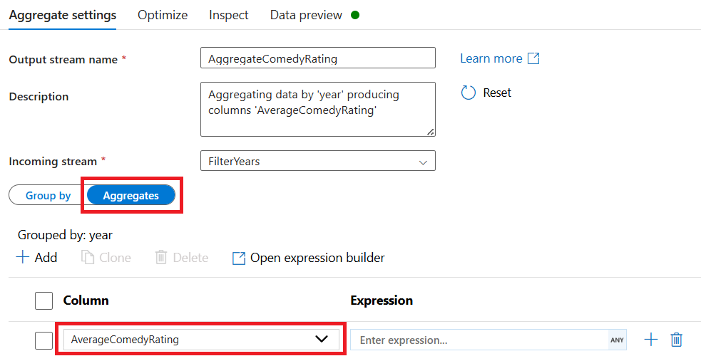 [Aggregate Settings]\(集計の設定\) の下にある [集計] タブの年オプションを示すスクリーンショット。