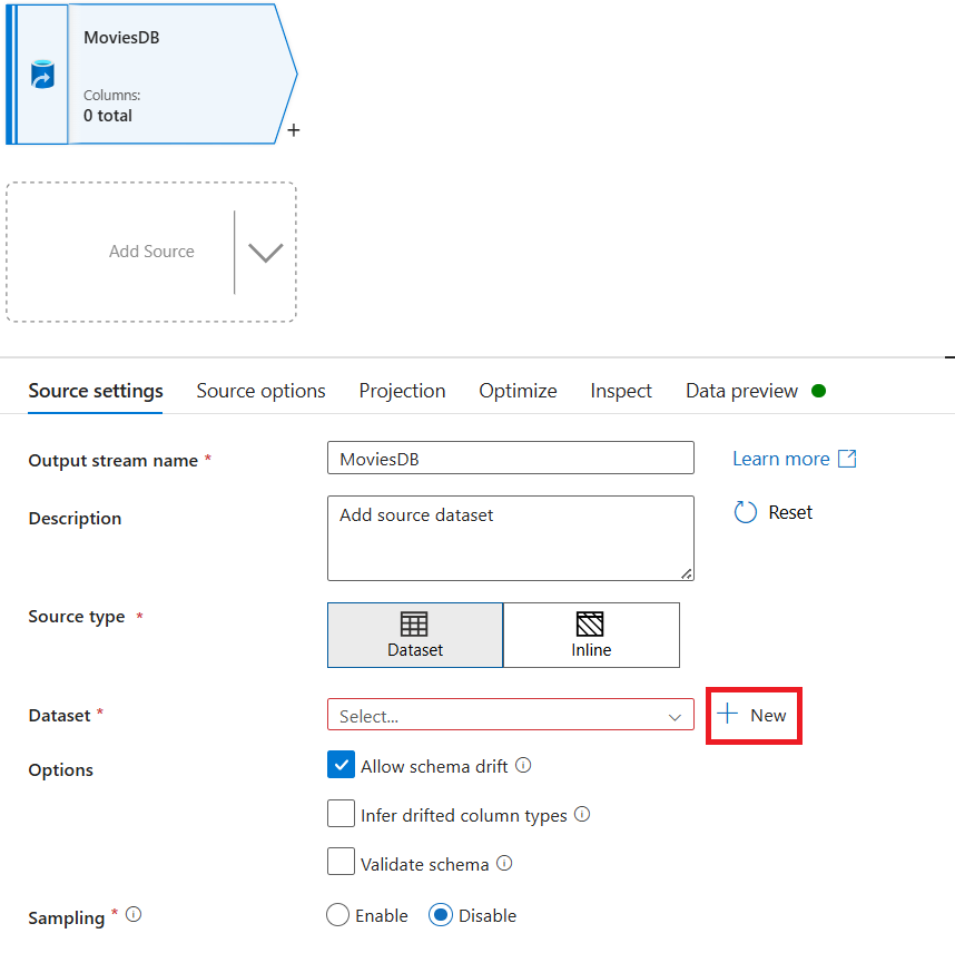変換元の名前を指定した後で [新規] を選択する場所を示すスクリーンショット。