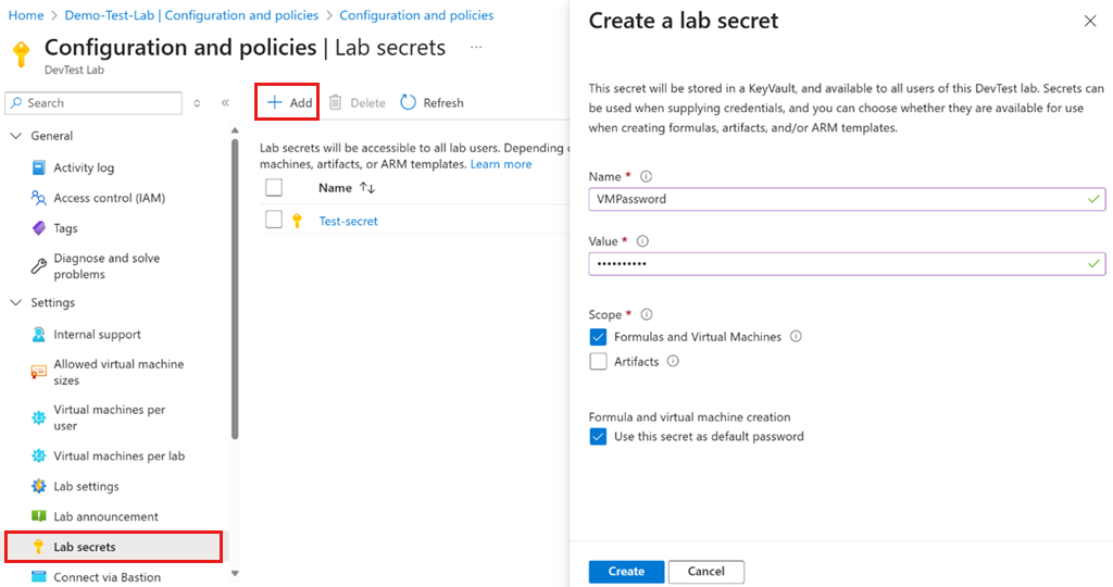 Azure DevTest Labs のラボ シークレットのスクリーンショット。