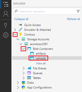アップロード ディレクトリと共に展開された [BLOB コンテナー] ノードを示すスクリーンショット。