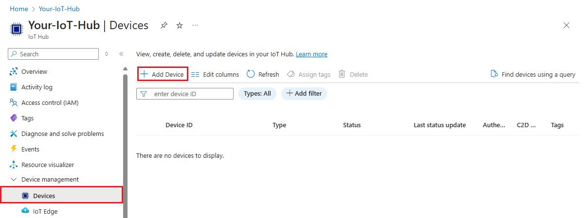 Azure portal での新しいデバイスの追加を示すスクリーンショット。