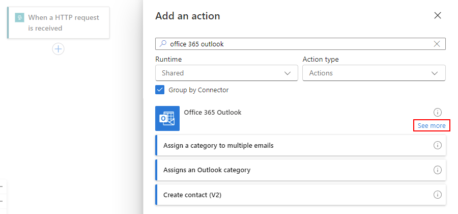 ワークフロー デザイナーとアクション検索結果を含むアクション ウィンドウの追加を示すスクリーンショット。[その他のオプションを表示] を選択しています。