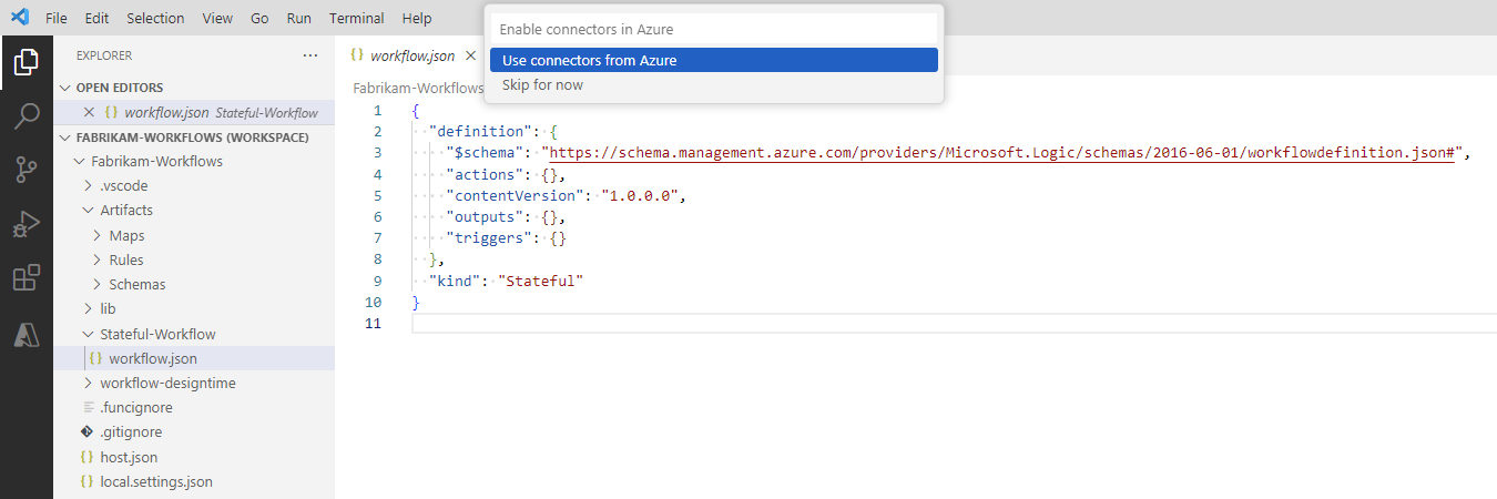 Azure でホストされるコネクタを有効にするプロンプトが表示された、開いているロジック アプリ プロジェクトを示すスクリーンショット。