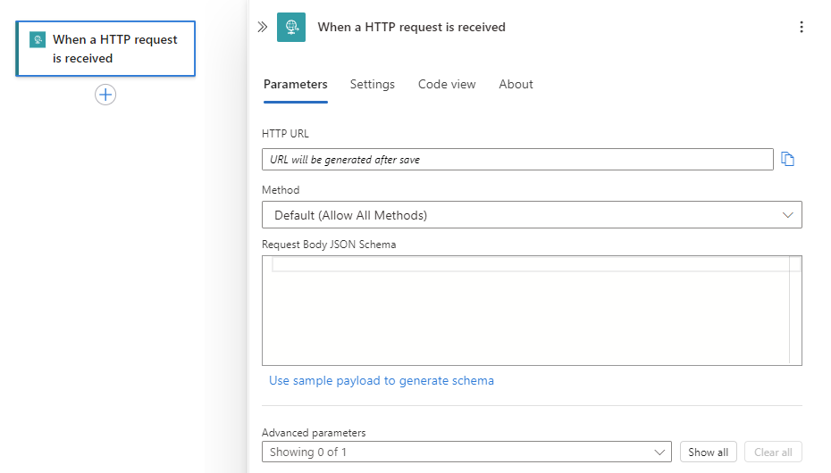 [HTTP 要求の受信時] という名前のトリガーの情報ペインを示すスクリーンショット。