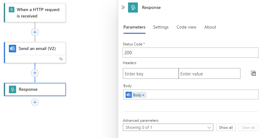 スクリーンショットは、ワークフロー デザイナー、応答情報ペイン、および [電子メールの送信] という名前のアクションからの本文出力に設定された Body パラメーターを示しています。