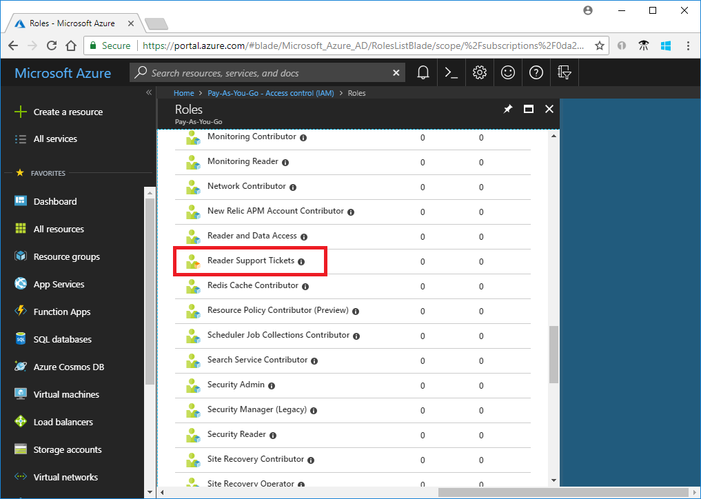 Azure portal でインポートされたカスタム ロールのスクリーンショット