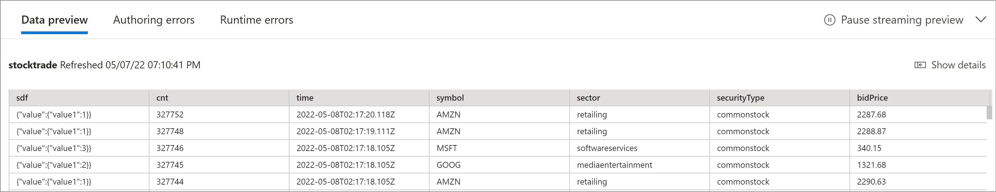 サンプル入力データを示すスクリーンショット。