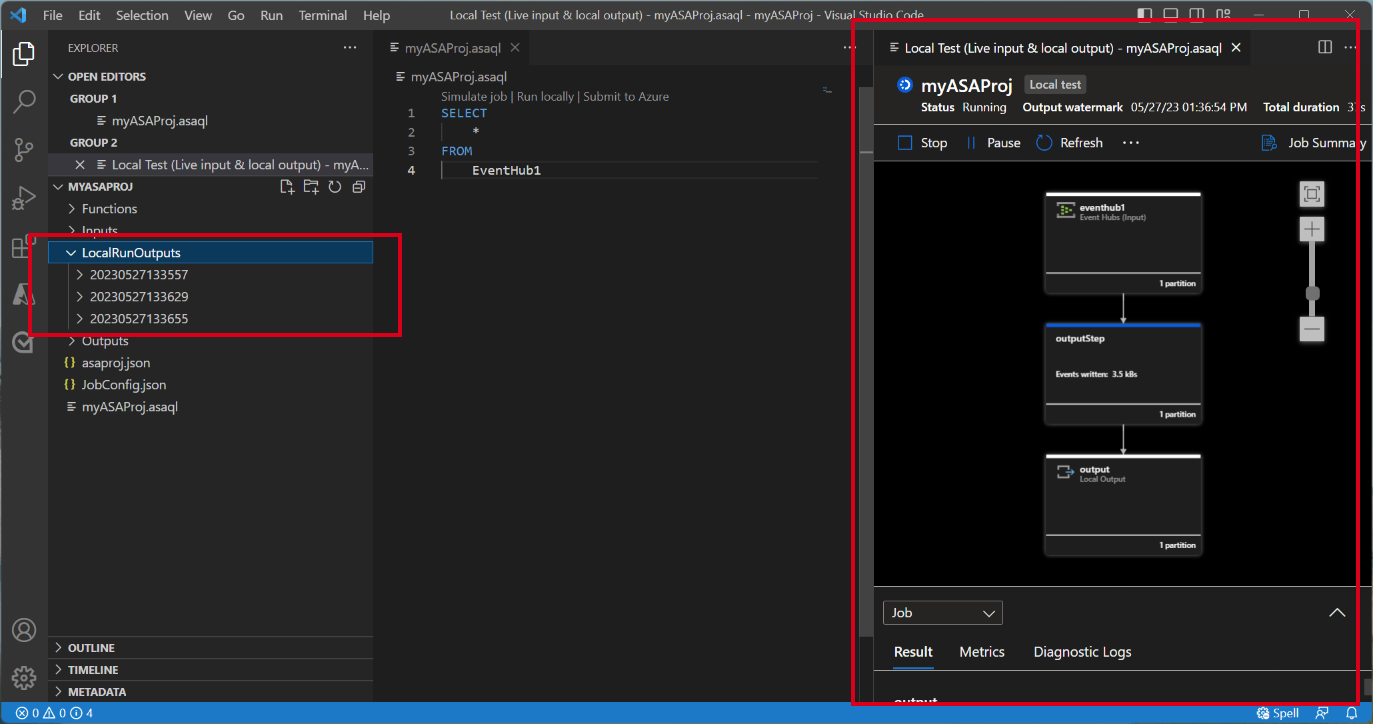 ローカル テスト ウィンドウを示す VS Code 拡張機能のスクリーンショット。
