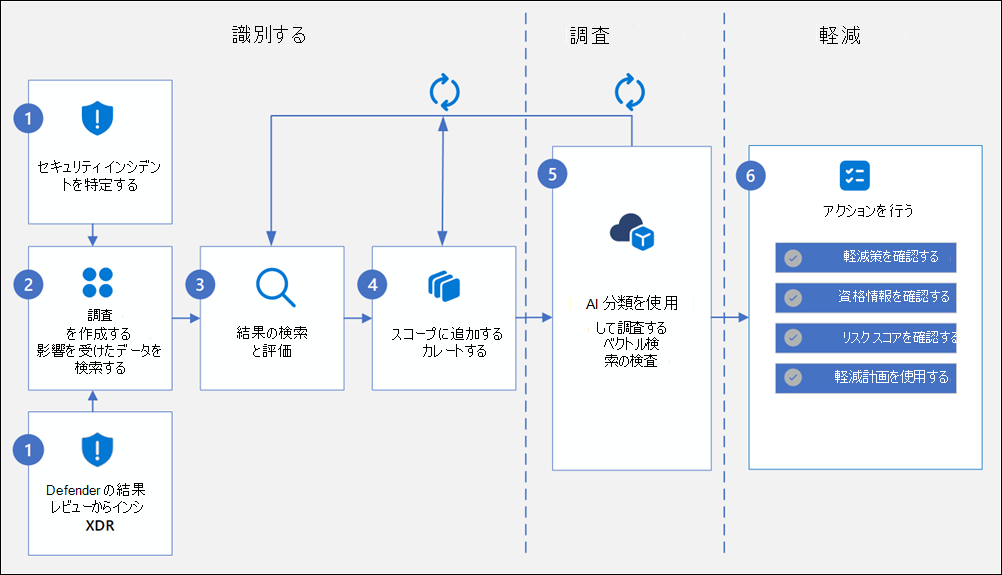 データ セキュリティ調査 (プレビュー) ワークフローダイアグラム。