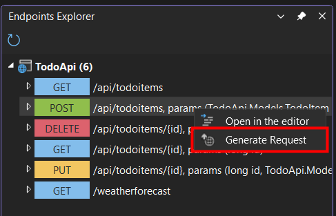 エンドポイント エクスプローラーのコンテキスト メニューの [要求の生成] メニュー項目が強調表示されています。