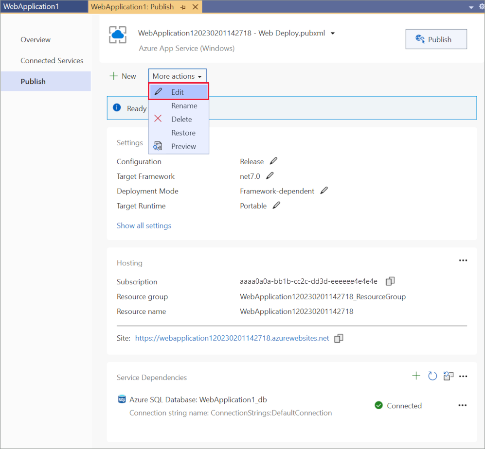 [プロファイル概要ページの発行] 設定を編集