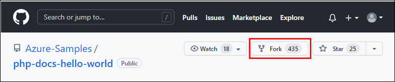 GitHub の Azure サンプル リポジトリのスクリーンショット (フォーク オプションが強調表示されています)。
