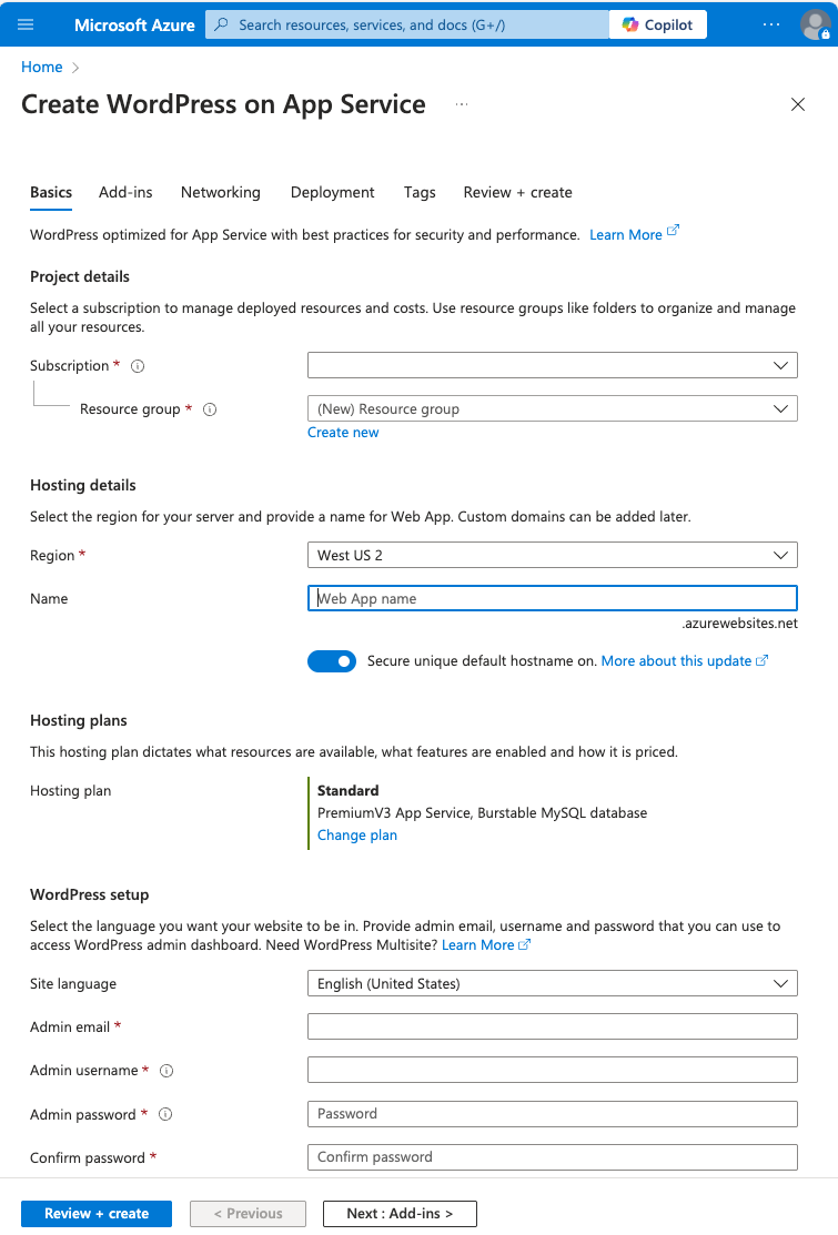 Azure App Service での WordPress サイトの作成のスクリーンショット。