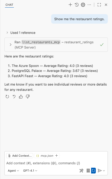GitHub Copilot チャット ウィンドウの MCP ツール呼び出しからの応答を示すスクリーンショット。