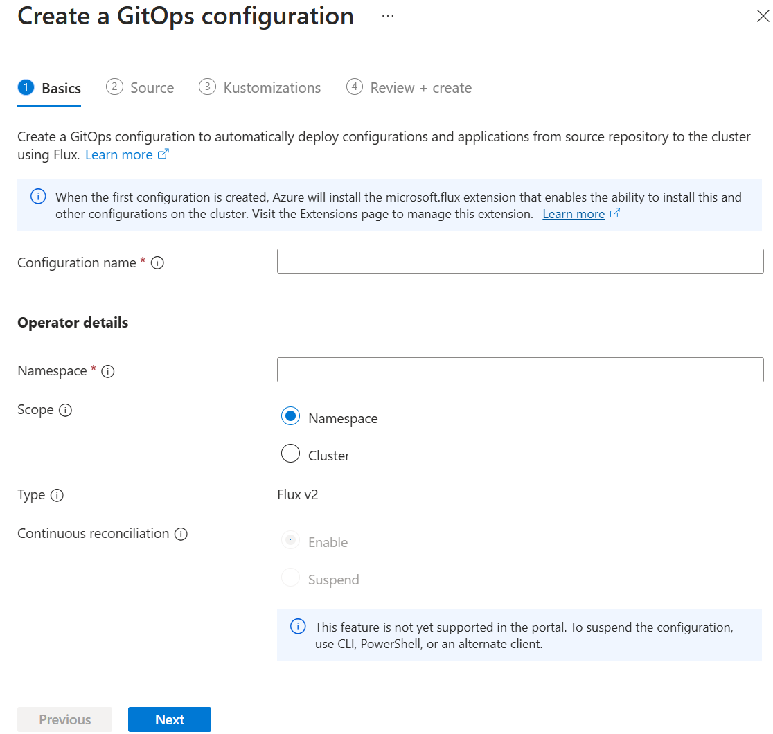 Azure portal の GitOps 構成の [基本] オプションを示すスクリーンショット。