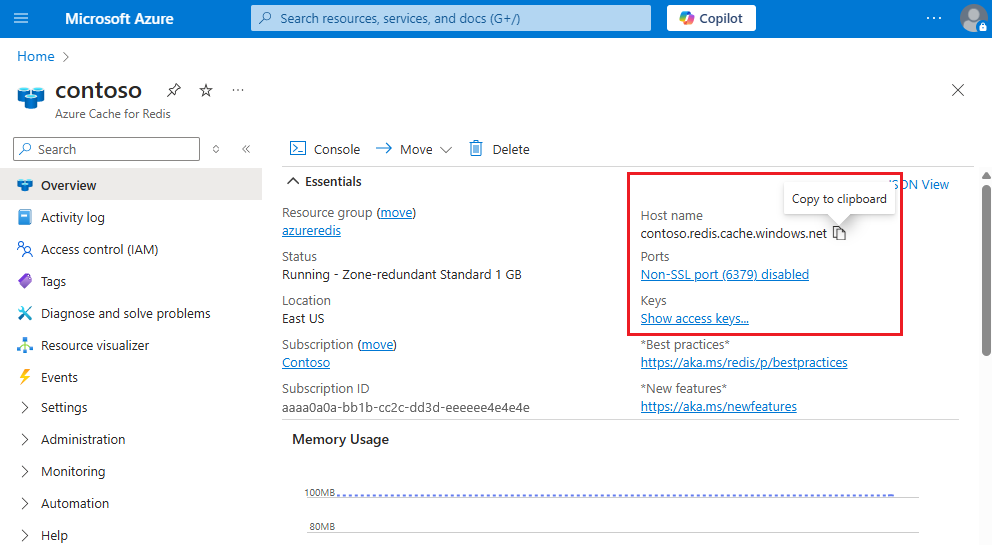 Azure Redis Cache のプロパティを示すスクリーンショット。