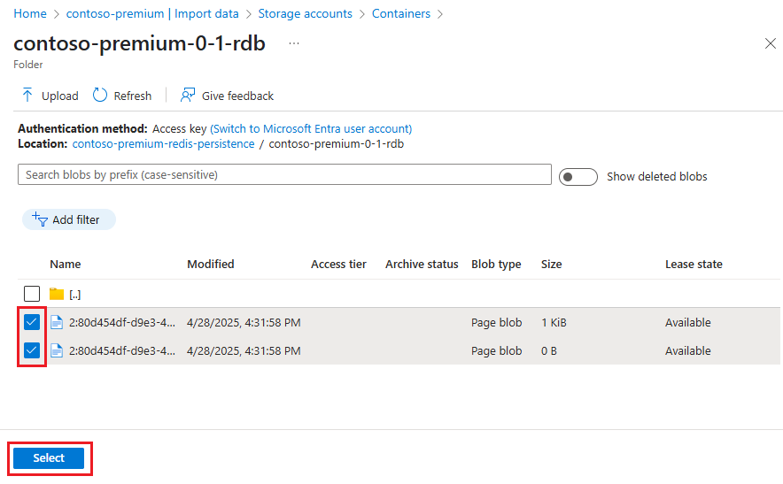 コンテナーから BLOB を選択する方法を示すスクリーンショット。 