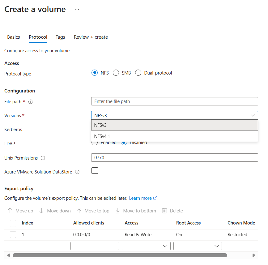 選択する NFS プロトコルのスクリーンショット。