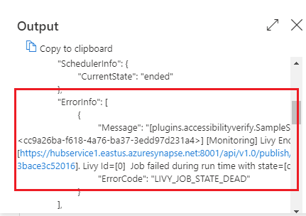 Notebook アクティビティの出力ユーザー エラーのスクリーンショット。