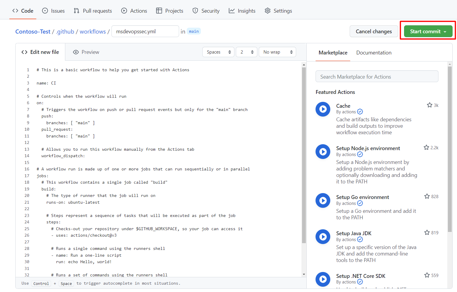 コミットの開始を選択する場所を示すスクリーンショット。